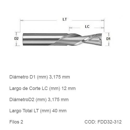 Fresa DTMAQ Espiralada hacía abajo de dos filos 3.175mm