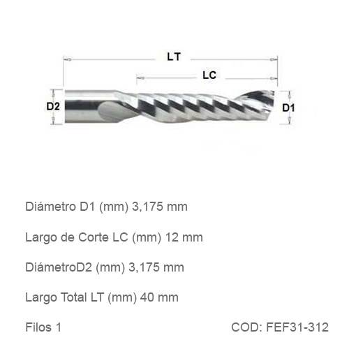 Fresa DTMAQ Espiralada Facetada de un filo 3.175mm