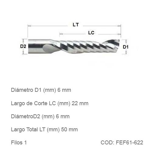 Fresa DTMAQ Espiralada Facetada de un filo 6mm