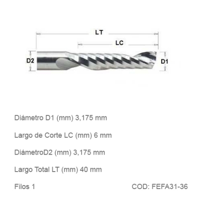 Fresa DTMAQ Espiralada Facetada de un filo para Aluminio 3.175mm