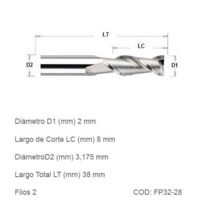 Fresa DTMAQ Plana de dos filos 2mm