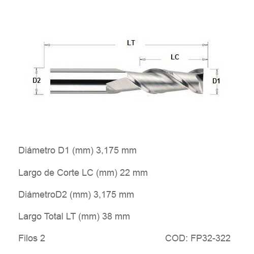 Fresa DTMAQ Plana de dos filos 3,175mm