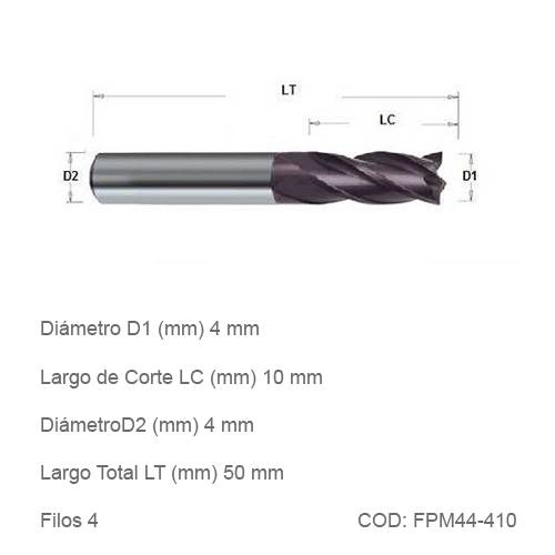 Fresa DTMAQ Plana de cuatro filos para Metales 4mm 