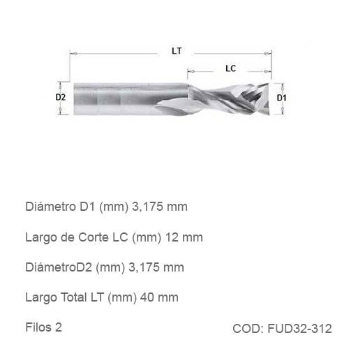 Fresa DTMAQ de Compresión un filo hacia arriba y un filo hacia abajo 3,175mm