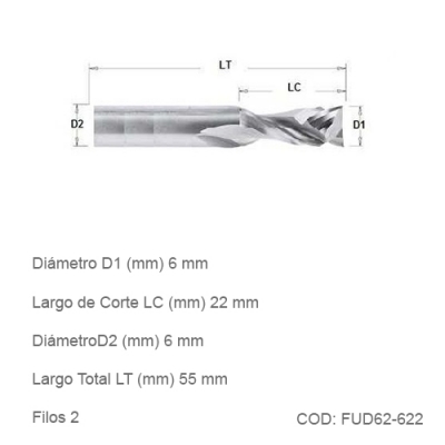 Fresa DTMAQ de Compresión un filo hacia arriba y un filo hacia abajo 6mm